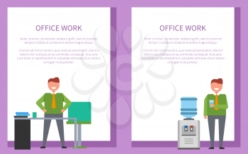 Office work posters set with smiling men with glass of water standing near watercooler or at table workplace. Vector in bright colors isolated on white