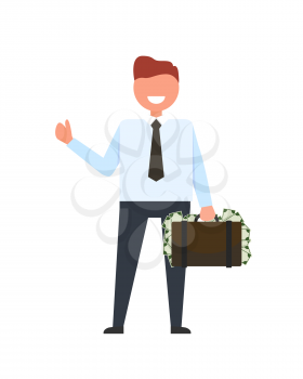 Smiling businessman dressed in suit with tie holding a suitcase full of money and waving his hand vector illustration isolated on white