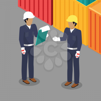 Cargo Worker and Foreman Talking in Warehouse. Two people discussing business issues near the ship container cargoes. Engineer and worker in helmets talking in flat style design. Vector illustration