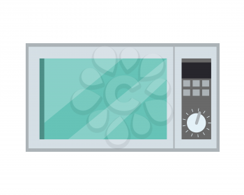 Microwave oven isolated on background. Microwave kitchen appliance that heats and cooks food by exposing it to microwave radiation in the electromagnetic spectrum. Vector in flat style