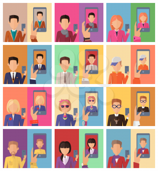 Selfie concept vectors. Flat design. Set of characters with mobile phone in hand making photo and mobile device with portrait on screen. Illustration for mobile photo and haring services ad, icons.