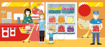 Shopping in supermarket concept. Flat design. Mother with child buying food in fruit vegetables section. Buyers and personnel in shop interior. Seasonal sales and discounts in grocery store.