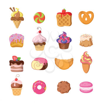 Set of funny sweets in flat design. Ice cream, candy, waffle, pretzels, cake, cupcake, cookie, doughnut, croissant, macaroons Colorful confectionery bake cartoon illustrations Vector tasty goodies
