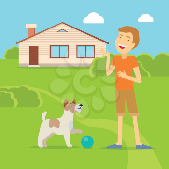 Sanguine temperament type boy playing on the yard with his adorable dog. Happy and cheerful man having fun with pet. Optimistic and social person near native home. Vector illustration in flat style