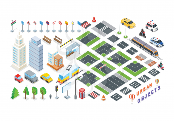 Isometric part of the city infrastructure. Isometric town, street modern, real structure, architecture exterior. 3d elements for map - road, city transport, house, auto, crossroad, tree buildings