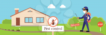 Pest control banner. Service employee pest control man in uniform with balloons and sprays. Banner for web page or website. Sign of a red circle with an insect. Vector illustration