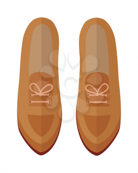 Pair of womens shoes icon. Beige leather or suede loafers with laces for autumn season flat vector illustration isolated on white background. For shoes store ad, wear concept, app button, web design