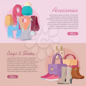 Women s bag, shoes and accessories. Autumn winter new collection. Shoes, hats and scarves. Stylish footwear. Boots casual footwear. Fashionable boots shoes. Vector in flat style design illustration