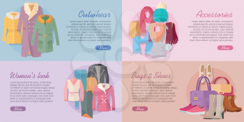 Woman s clothing bags and accessories banners. Outwear, accessories, woman s look, bags and shoes vectors on colored backgrounds. Horizontal concepts for modern clothes store landing page design