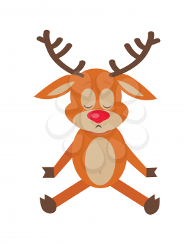 Meditating deer cartoon. Horned reindeer seating with closed eyes and making spiritual practice or sadness flat vector illustration isolated on white background. For icon, animal concept, web design