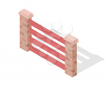 Wooden farm fence sections with gate from four sides vector illustration in isometric projection isolated on white background. For gaming environment, architecture element, app, web design