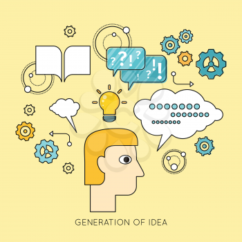 Generation of idea background in flat. Idea generation, problem solving, strategy solution, analysis innovation, research, brainstorm, good solution, optimization, insight inspiration illustration