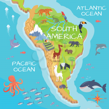 South America mainland cartoon map with fauna species. Cute american animals flat vector. Amazonian predators. Mountain species. Jungle wildlife. Nature concept for children s book illustrating