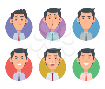 Avatar userpics of emotions. Variety of emotions office worker. Businessman person, cartoon people, character manager, success, angry, exhausted expression, depression and furious vector illustration