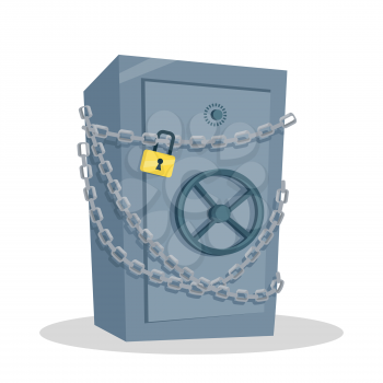 Security cash savings concept. Flat design. Protect your money idea visualization. Icon for banking, security services, safe shops. Big steel safe coiled chains illustration. On white background.