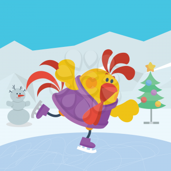 Rooster bird skate on skating ring. Cock go in for sport. Winter recreational activity. Chinese calendar zodiac horoscope. Chicken character collection in flat. New year xmas greeting card. Vector