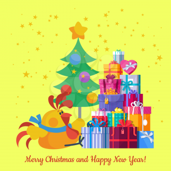 Merry Christmas and Happy New Year card for winter holidays. Chinese calendar zodiac horoscope. Symbol of new year cock, presents, Christmas tree. For greeting postcard. Flat style vector illustration