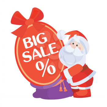 Christmas big sale vector. Flat design. Santa with sale poster. Simple xmas sticker with text and santa. For winter holidays shopping, discounts ads. Purchase gifts for holidays. On white background.