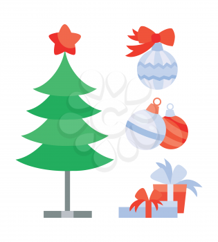 Set of objects for creation New Year and Christmas tree or greeting cards. Gift boxes, presents, surprise, fir tree, balls. Elements for xmas posters banners design in flat style. Vector illustration