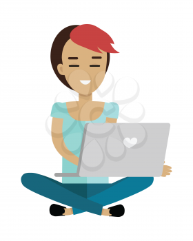Young woman in lotus pose using her grey laptop. Woman in blue shirt and pants sitting with legs crossed. Woman icon. Isolated object in flat design on white background.