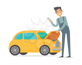 Man repair car. Car service illustration in flat style design. Auto mechanic isolated on white background. Car service worker. Repair test yellow car. Machinery engineer. Car service concept. Vector.