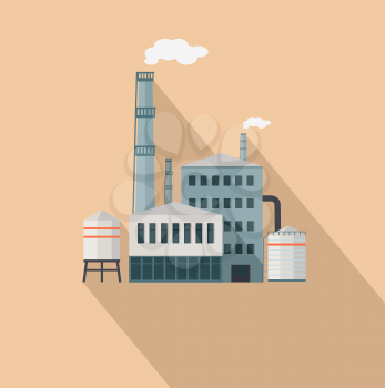 Factory with long shadow in flat style. Industrial factory building concept. Manufacturing plant building. Power electricity industry manufacturer icon. Manufacturer production technology. Vector
