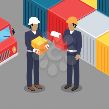 Cargo worker and foreman with clip board talking in warehouse. Supervisor checking containers data. Inspector controlling working process in the seaport. Coworkers near cargo containers. Vector