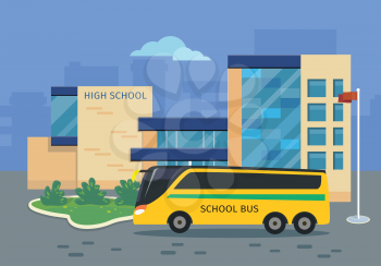 High school building with yellow bus vector illustration. Flat design. Public educational institution. Modern projects of educational establishments. School facade and yard. Front view. College