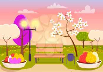 Spring scenery. Urban park with bench, flower beds, colorful trees, sakura blossom. Beautiful spring landscape. Vivid natural panorama. Street lamp, garbage bin. Eco clean environment. Vector
