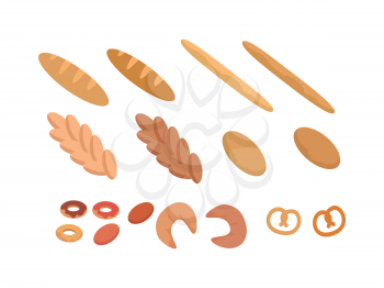 Different types of bread set vector in flat design. Cake or bun with sliced part for baking concepts, bakery logotypes, food and healthy nutrition. Wheat Ears isolated on background. Bakery