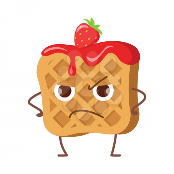 Upset waffle with jam and strawberry isolated. Funny sweet cartoon character. Tasty dessert. Quick snack. Confectionery childish illustration in flat design. Angry wafer. Menu for children vector