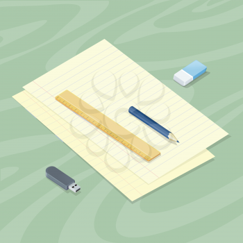 Office accessory set. Top view of desk with sheet of paper pencil ruler eraser flash drive. Personal accessories of businessman. Flat design concept of creative office workplace. Vector illustration