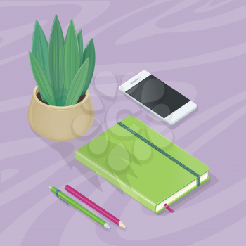 Office accessory set. Top view of desk with mobile phone, two pencils, plant in pot and note book. Personal business accessories. Flat design concept of creative office workplace. Vector illustration