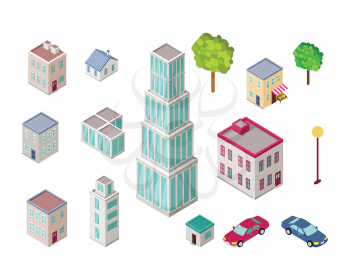 Elements of urban landscape. Isometric projection vectors. House, skyscraper, store, shop, school,  tree, car, lantern illustrations Variety storey buildings For gaming environment app infographic