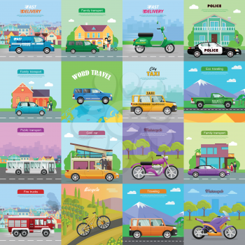 Different means of transportation. Set of diverse auto models icons. Flat design. Speed vehicles. Police car, automobile, truck, bicycle, motorcycle, bus, trolleybus fire truck cabriolet Vector