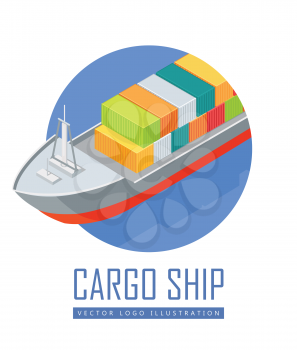 Cargo ship icon. Big ship with steel containers on board sailing, cardboard boxes isometric projection vector illustration isolated on white background. For transport company ad, app button, logo