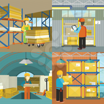 Set of warehouse workers at work. Flat style vector. Man in uniform working with goods in storage. Acquisition and transportation orders. Warehouse interior. Illustrations for delivery companies ad