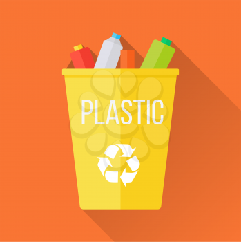 Yellow recycle garbage bin with plastic. Reuse or reduce symbol. Plastic recycle trash can. Trash can icon in flat. Waste recycling. Environmental protection. Vector illustration.
