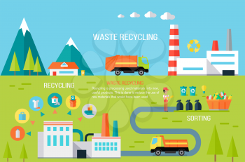 Waste recycling infographic concept. Vector in flat design. Worker sorting different types of garbage. Truck transporting trash to recycling plant. Production new goods from recicled materials.