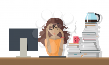 Woman tired at work. Deadline. Girl has a lot of work to do. Lady is all beat up and sick and tired of her business. Flat style. Part of series of daily routine of the week in the office. Vector