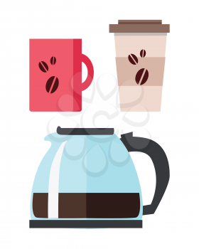 Blue coffee maker with cups of coffee in flat design isolated on white background. Paper cup of coffee. Coffee hot drinking cup. Coffee time, break time concept. Vector illustration.