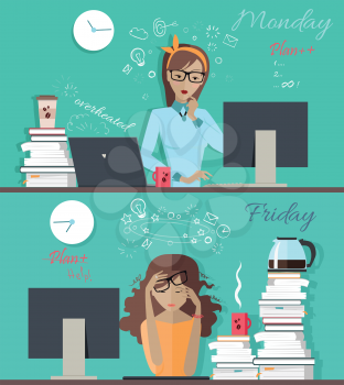 Woman fresh and ready to work at Monday morning and thick and tired at Friday evening banner. Girl at the beginning and at the end of the week. Part of series of daily routine of the week. Vector.