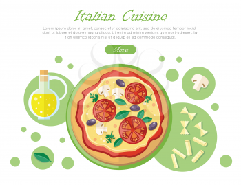 Italian cuisine web banner. Pizza with tomatoes, pasta, mushrooms, olive oil flat style isolated on white. Illustration for pizzeria, restaurant ad, logo design, delivery service. Vector illustration