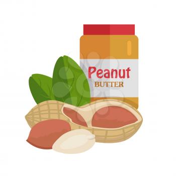 Peanuts with peanut butter. Ripe peanut with leaves in flat. Peanut butter in plastic bank. Several brown peanut kernels. Healthy vegetarian food. Isolated vector illustration on white background.