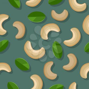 Cashew nuts seamless pattern. Ripe cashew nuts with leaves in flat. Cashew nuts on a dark green background. Several cashew nuts. Healthy vegetarian food. Vector illustration