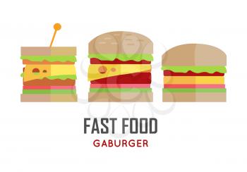Set of hamburger and sandwich vector illustrations. Flat design. Fast food concept banner for cafe, snack bar, street restaurant ad, menu, logo, web page design. Isolated on white background.