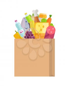 Grocery shopping vector concept. Purchases planning and buying fresh products for a week concept. Various foods sticking from  paper bag illustration for market, shop, food delivery ad, menu, prints.