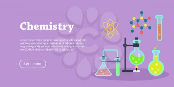 Chemistry science banner. Chemical flasks and bottles, medicinal substance for experiments, molecular chains, preparations, devices, equipment, elements. Scientific concept. Vector in flat style