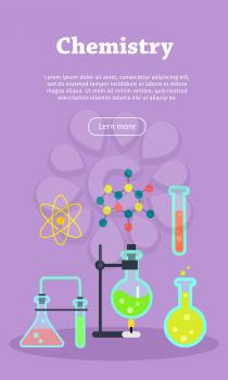 Chemistry laboratory banner with various tubes and flasks. Chemistry infographic concept background. Scientific research, science lab, science test, technology illustration in flat. Website template.