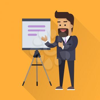 Presentation concept vector in flat style design. Smiling man in business suit taking lecture with flipchart or projector screen on  tripod. Speaker at science, academic, trade, business conference